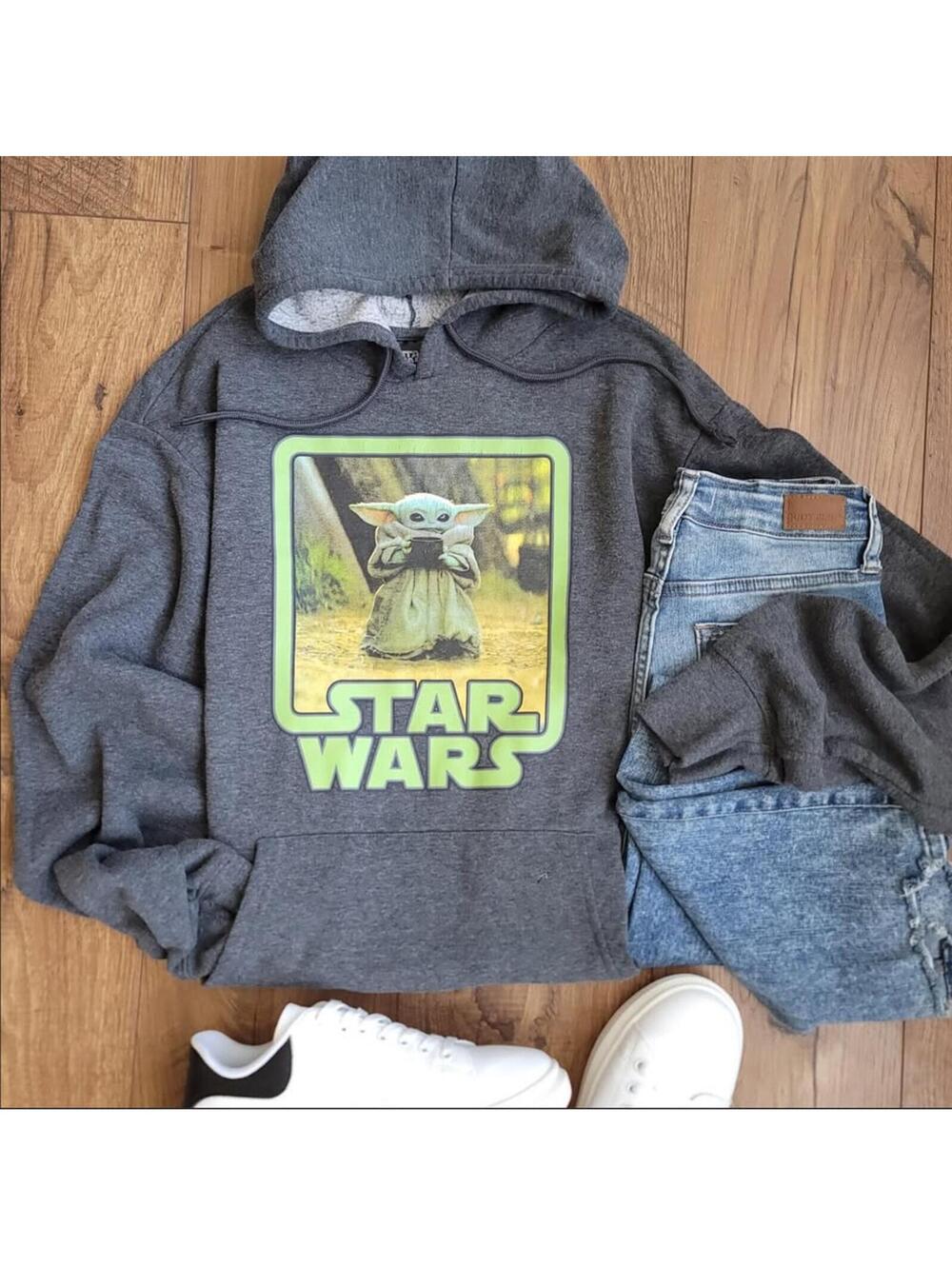 Star Wars Baby Yoda Hoodie Womens Small Grogu Sweatshirt Gray Mandalorian
